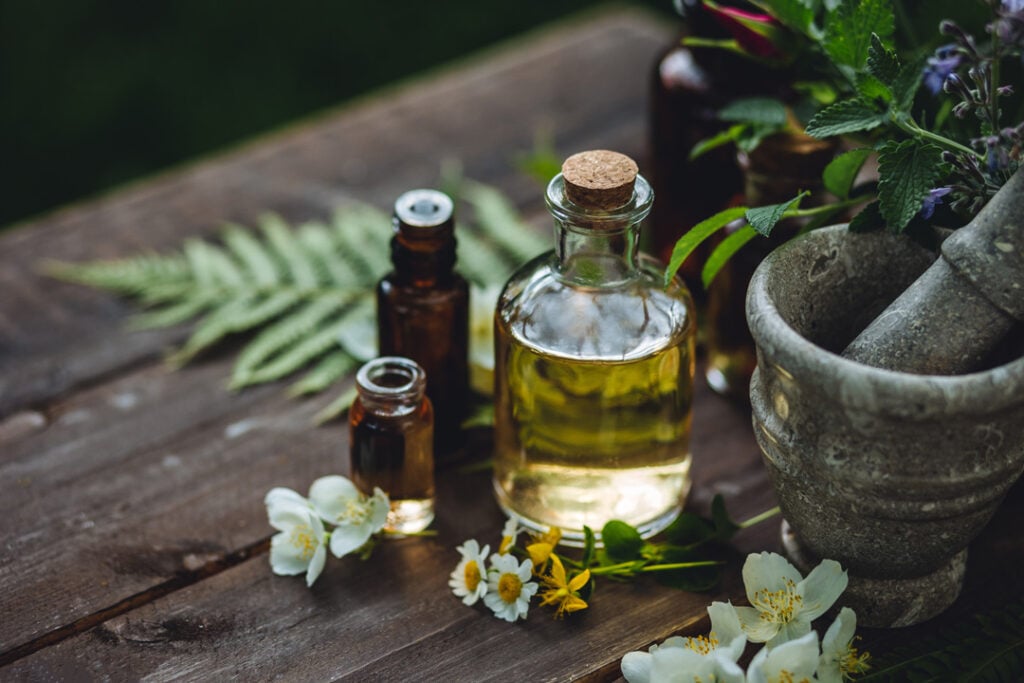 Assortment of pure organic natural essential aroma oil with mint , camomile